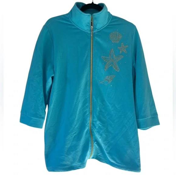 The Quacker Factory Blue 3/4 Sleeve Jacket with Gold Sequin Starfish Medium - Picture 2 of 11